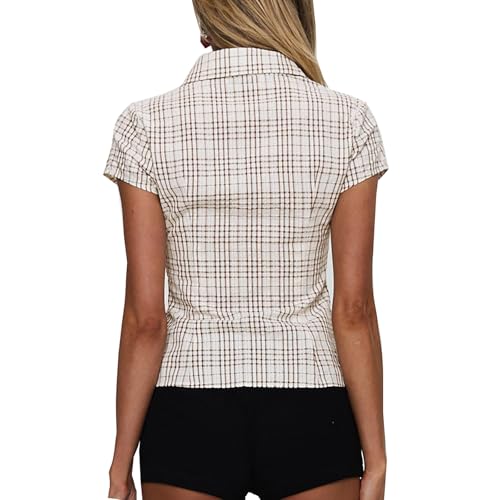 Womens Button Down Shirts Short Cap Sleeve V Neck Collared Plaid Waisted Blouses Summer Casual Tops3