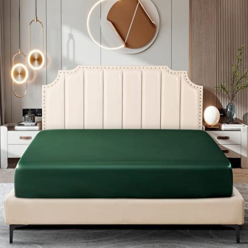 Image of Ersmak Satin Fitted Sheet Only, Luxury Silky Queen Fitted Sheet Ultra Soft Deep Pocket Bottom Sheet, Wrinkle & Fade Resistant - Emerald Green