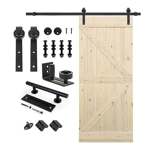 S&Z TOPHAND 36 in. x 84 in. Unfinished Knotty Barn Door with 6.6FT Sliding Door Hardware Kit/American Traditional Country Style/Solid Wood/Sliding Door/Single Surfaces