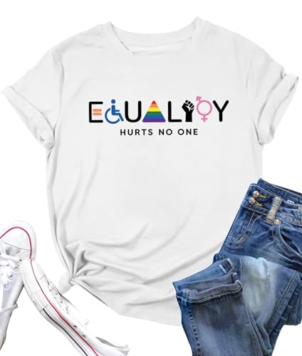 hohololo Pride Shirt for Women Rainbow Tshirt Equality Short Sleeve Tops Graphic Tees (White1,XL)