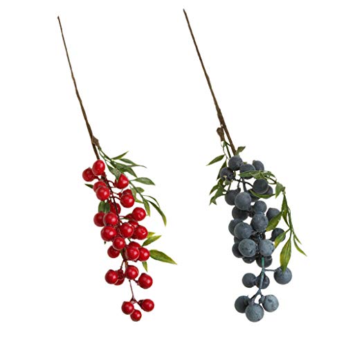 2 peças de plantas de folhagem artificial, flores e frutas, ramos de mirtilos, buquê de casamento, f