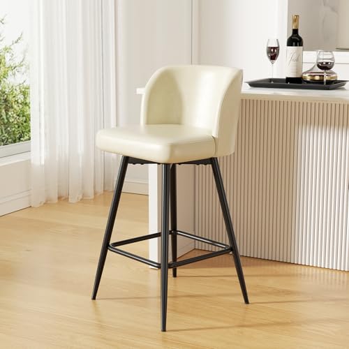 Image of Swivel Bar Stools, 26 inch Counter Height Bar Stools with High Back and Metal Legs, Faux Leather Bar Chairs, Modern Barstools for Kitchen Island, Beige
