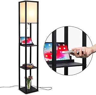 Brightech Maxwell Shelf Floor Lamp w. Wireless Charging Station, USB Port & Outlet