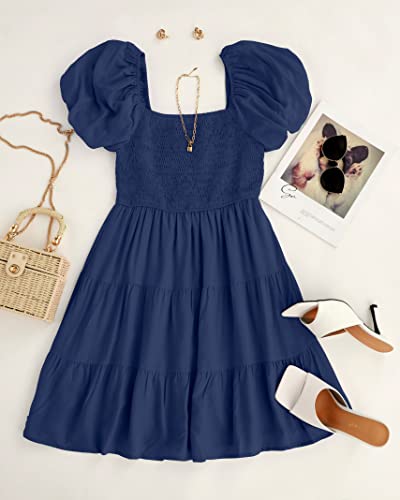 Image of ZESICA Women's Boho 2026 Summer Square Neck Puff Sleeve Off Shoulder Smocked Tiered Casual A Line Short Mini Dress