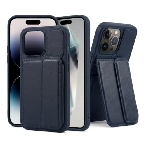 Image of amazon basics Luxury Vegan Leather Back Cover for iPhone 14 Pro | Built-in Card Holder Slot | Integrated Mobile Stand | Slim Shockproof Protective Case with Stitched Finish - Blue