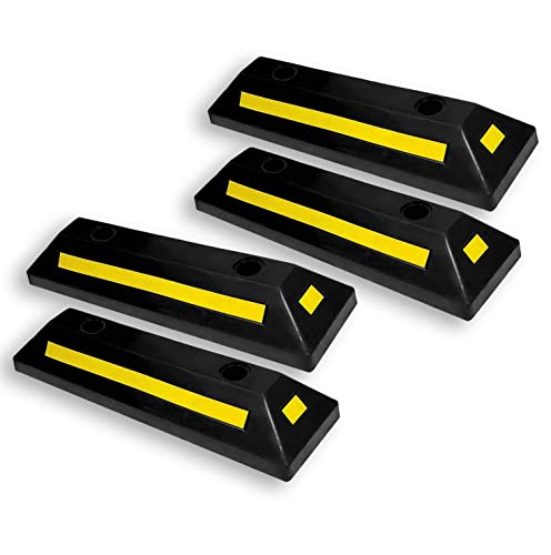 VaygWay Heavy Duty Rubber Parking Curb Guide –Car Parking Block - 2 Pcs Driveway Car Garage Wheel Stopper- Professional Grade Parking w/Yellow Reflective Tape Curb– Universal (Black + Yellow 4 Pc.)