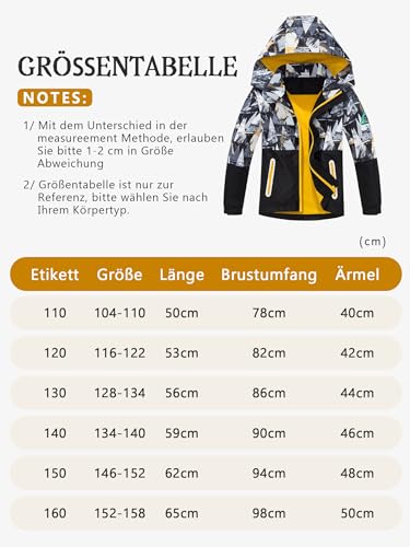 NATUST Jungen Gefütterte Regenjacke Winddicht Übergangsjacke Wasserdicht Winddichtjacke Thermo Softshelljacke Gelb 146-152