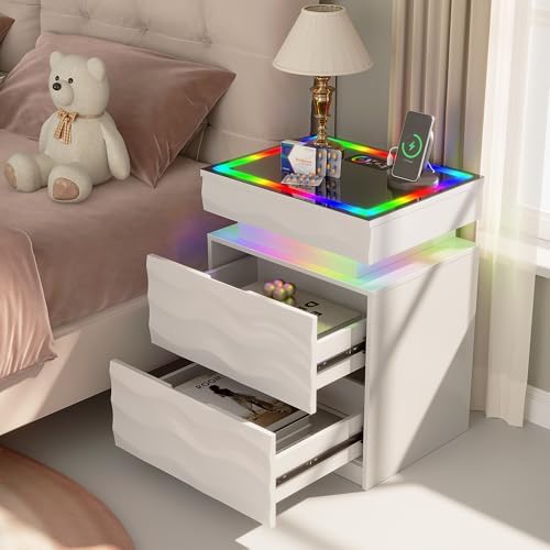 Gurexl RGB Mesita de Noche con Cajón Oculto y Luces Dinámicas,Mes...