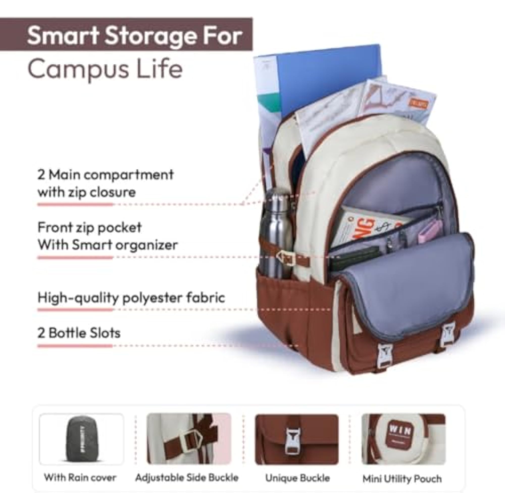 Casual Backpack with Mini Pouch, Brown and Beige