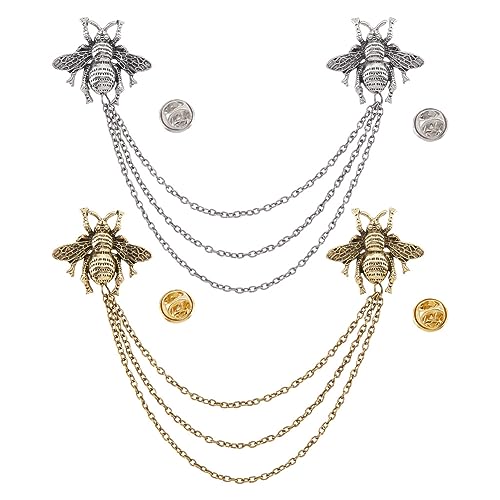 GOMAKERER 2 Stück Brosche Anstecknadel, Gemischte Farbe Vintage Doppel Biene Brosche Pin Hängende Kette Detaillierung Brosche Quaste Bluse Hemd Kragen Spitze Pin Für Frauen Und Männer