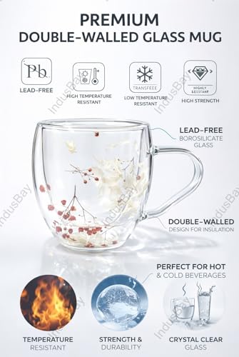 Image of IndusBay Double Wall Borosilicate Glass Mug with Faux Dried Flowers - Elegant Insulated Coffee /Tea Cup | Transparent Floral Design | 250ml | Ideal for Gifting, Home & Office, Boutique, 3 Pieces