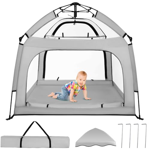 Image of Bend River Baby Playpen with Canopy, Square Toddler Beach Tent (Grey) | Portable Infant Play Yard, Mosquito Net, Indoor and Outdoor, Instant Installation, Pop Up, Travel Bag