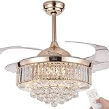 NUTCRUST Retractable Crystal Ceiling Fan, 3 Light Change LED Silent Fan Chandelier with Remote...
