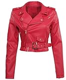 Women's Juniors Fashionable Cropped Faux Leather Moto Biker Jacket in Red Size L
