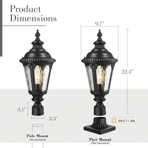 Image of Emliviar Matte Black Lamp Post Light Fixture, 22.4 inch Aluminum Outdoor Waterproof Post Lighting for Yard and Garden, Water Ripple Glass, XE265P-M BK-SW