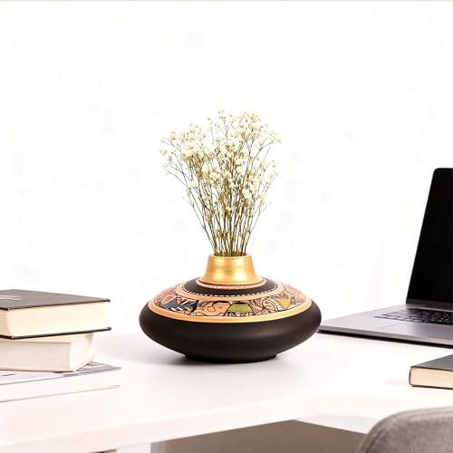 Image of Aakriti Art Creations Earthen Handcrafted Black Madhubani Vase 3.5x6.5 (HxD) | Terracotta Flower Vase | Matte Finish Traditional Decorative Vase for Living Room, Table Decor & Gifting
