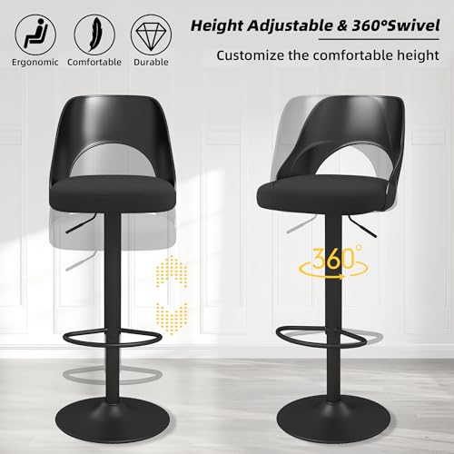 civama Bar Stools Set of 3 for Kitchen Counter, Seat Height Adjustable 25\'\'-33\'\', Modern Upholstered Swivel Island Chairs with Hollow Backrest Metal Base, Black Cotton Linen Fabric with Black Base - Thumbnail 6