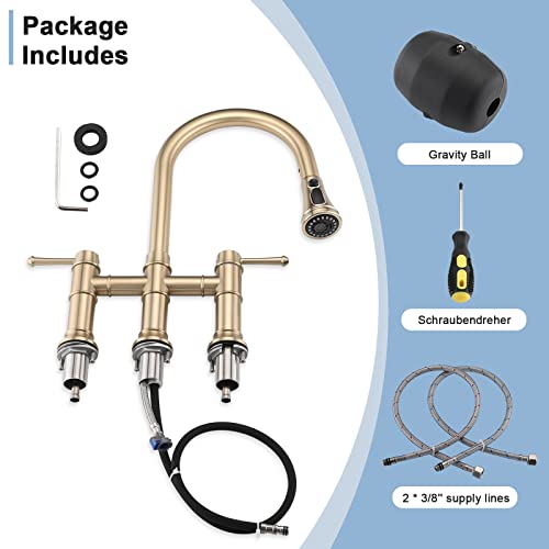 Dornberg Bridge Kitchen Faucet With Pull Down Sprayer, 3 Hole Kitchen Sink Faucet Spot Free Stainless Steel, 2 Handle For Easy Controlled Cold And Hot Water - Brushed Golden #TOP5