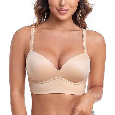 HACI Women's Plunge Push Up Bra Wirefree V Neck Padded T Shirt Longline Padded Supportive(Beige,38C) Cover