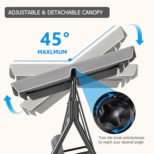 Image of GARTOO 3-Seat Patio Swing Chair, Outdoor Porch Swing with Adjustable Canopy and Durable Steel Frame for Patio, Garden, Poolside(Grey)