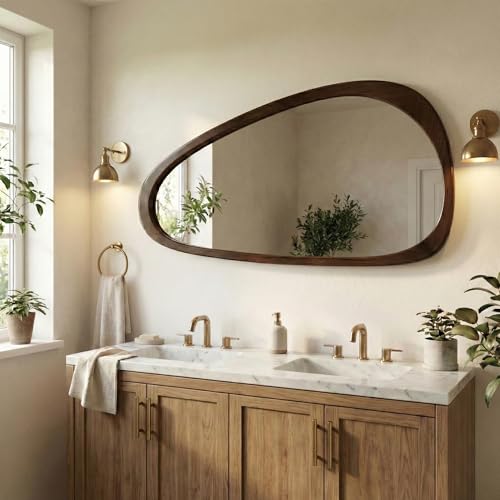 Image of Solid Wood 48 inchx24 inch Dark Walnut Large Organic Irregular Wall Mirror | Large sculptural look adds MCM wood depth to bedroom walls, hallways, living rooms, sideboards, dressers, statement decor