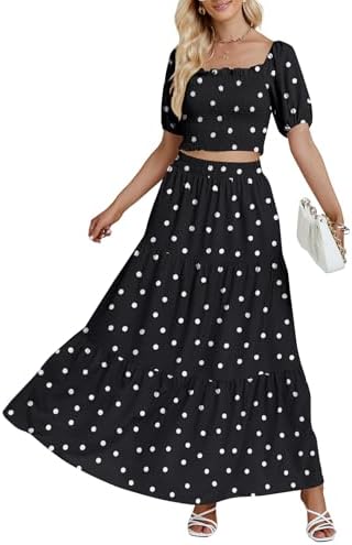 Rooscier Women's 2 Piece Outfit Shirred Short Sleeve Crop Top A L...