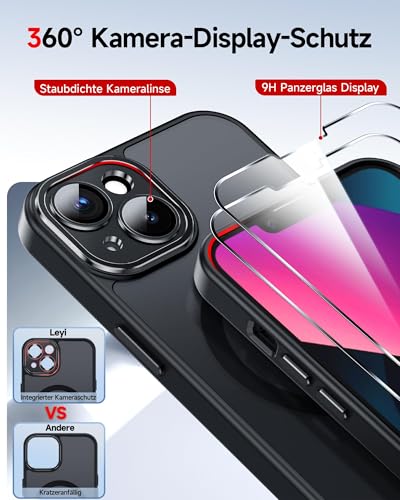 LeYi für iPhone 13 Hülle mit Panzer Schutz Glas 2X[ für MagSafe] Handyhülle i Phone 13 Case Kameraschutz Displayschutz Folie Magnetisch Anti-Rutsch Matt Schwarz Schutzhülle Cover iPhone13- Schwarze 3