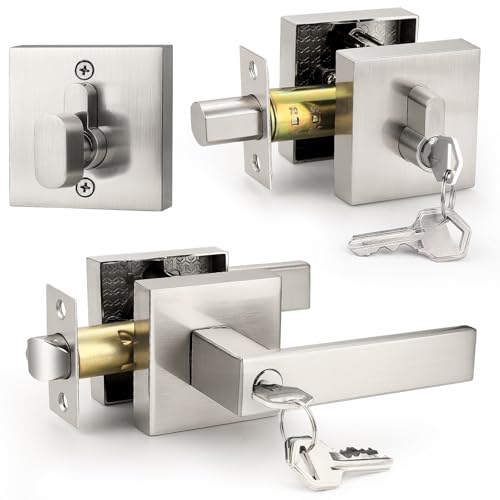 Probrico Square Entrance Lever with Single Cylinder Deadbolt Set Keyed Alike Combo Pack(for Office and Front Door), Heavy Duty Satin Nickel Entry Door Lockset for Right and Left Side, 1 Pack