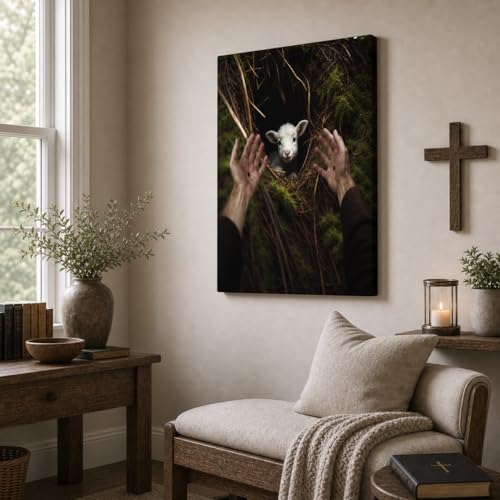 Image of GUN SUPPLIES OUTLET LLC Jesus and Lamb Canvas Wall Art Jesus Reaches Down to Rescue A Lamb Picture Wall Art Christian Home Decor 16x20 inch