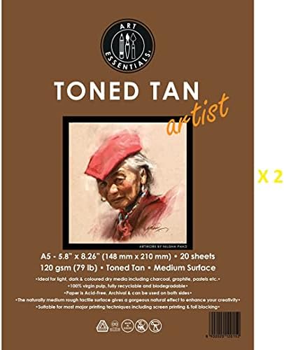 Art Essentials Toned Sketch Artist A5 Warm Tan Medium Surface 120 GSM, 40 Sheets Pack, Acid Free Paper for Sketching, Drawing with Graphite, Charcoal, Pastel, Light & Dark Media