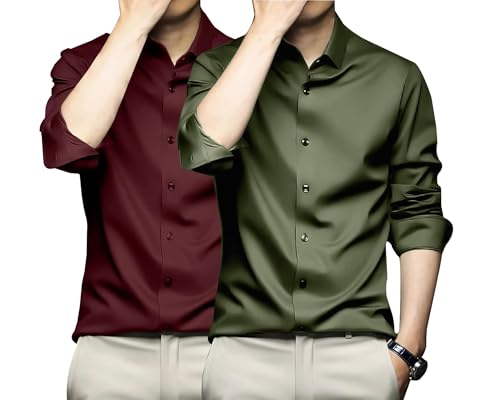 Image of DEELMO Combo of Men's Stylish Solid Satin Casual Shirt for Men Full Sleeves| Poly Satin Silk Shirt Pack of 2