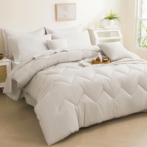 Image of Full Comforter Set Beige Bed in a Bag 9-Pieces,Water Wave Quilting Design Comforter Set with Comforter,Flat Sheet, Fitted Sheet,Cushion Covers,Pillowcases & Shams(Beige, Full)