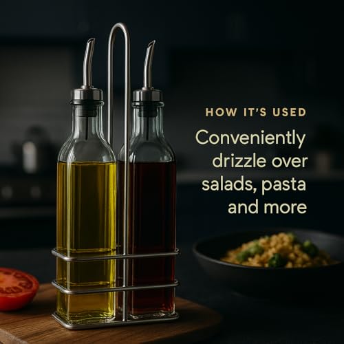 Chabrias Ltd Olive Oil Dispenser Bottle Set – 2-Pack 500ML/16 oz Cruets with Pourers & Metal Rack | Clear Glass Bottles for Oil, Vinegar, or Dressings – Ideal for Home & Restaurant Use - Image 4