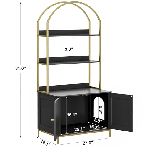Homhedy Cat Litter Box Enclosure, Litter Box Furniture Hidden with 2-Tier Storage Shelves, Wooden Cat Washroom Furniture with Metal Frame, Modern Style, Black and Gold