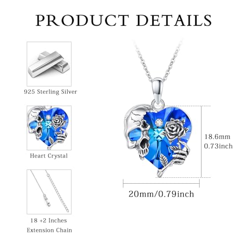 Image of S925 Sterling Silver Skull Pendant Necklace Heart Crystal Birthstone Skull Necklace Gothic Jewlery Gifts