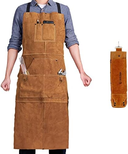 QeeLink Leather Work Shop Apron with 6 Tool Pockets and Rod Holder - Heat & Flame Resistant Heavy Duty Welding Apron, 24" x 36", Adjustable M to XXL for Men & Women