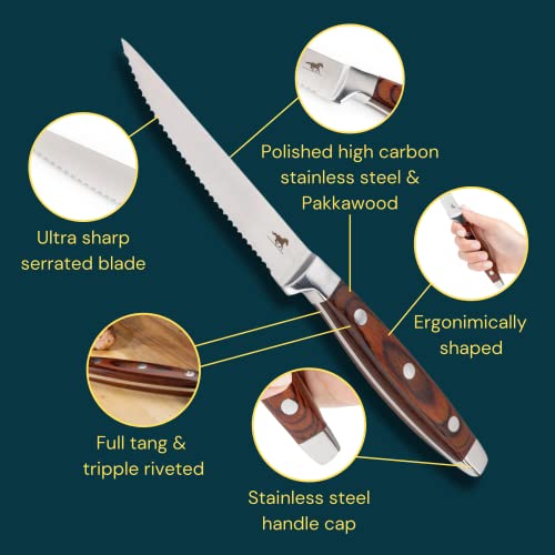 The Dinner Pony Serrated Steak Knives Set Of 6 - Wooden Handle, Full Tang And Triple Riveted Design In Gift Box - Pakka Wood And High Carbon Stainless Steel #TOP2