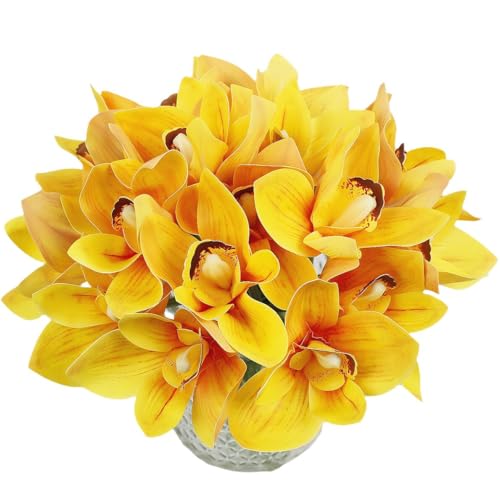 Blooming Paradise 20pcs Real Touch Artificial Fake Plants Silk Cymbidium Orchid Flowers Arrangements Wedding Bouquets Decorations Plastic Floral Table Centerpieces Home Kitchen Garden Party(Yellow)