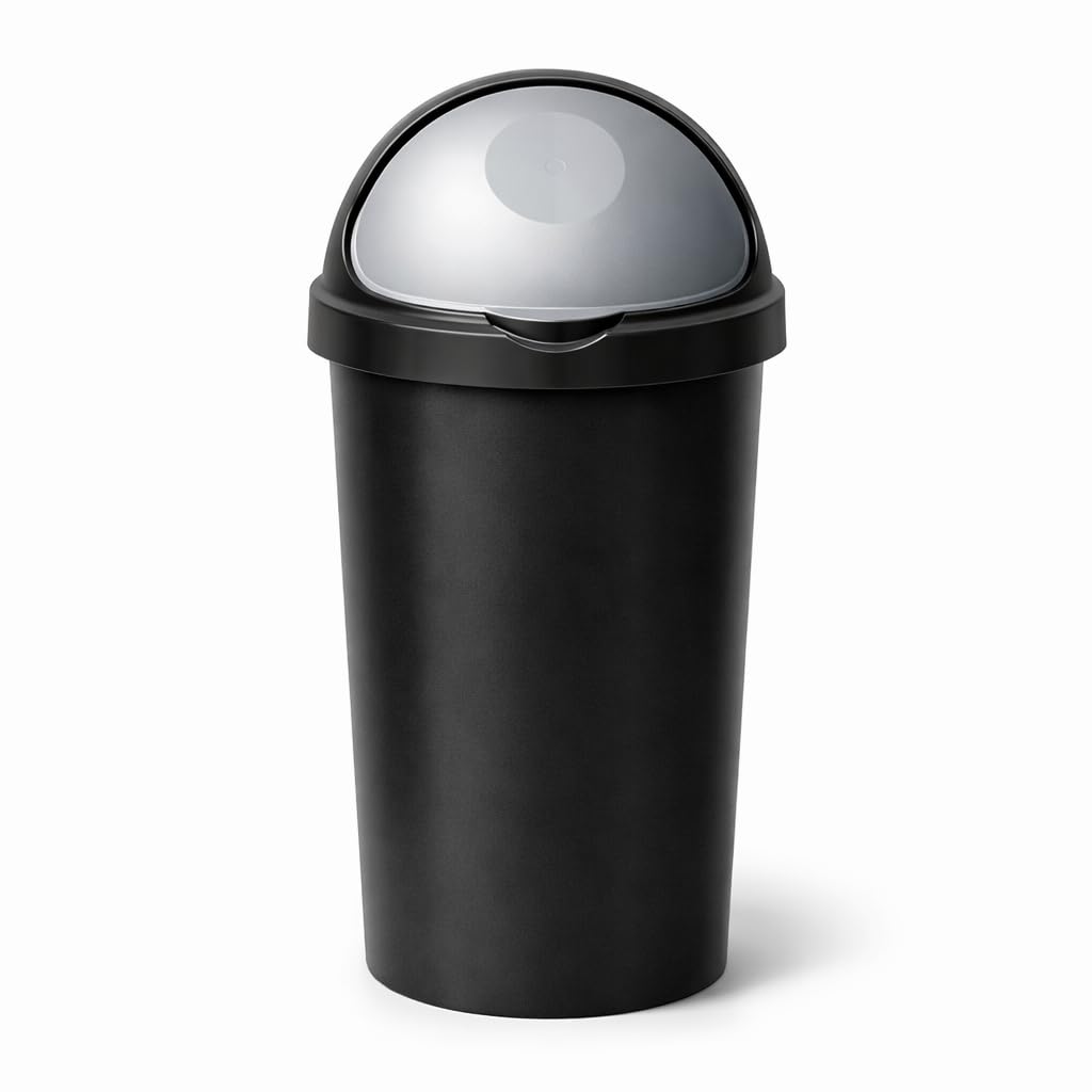 SPECTRAPLAST® 60L Bullet Bin Large Capacity Indoor & Outdoor Waste Bin – Heavy Duty Plastic Rubbish Bin with Flip Lid – Tall Black Base Dustbin for Kitchen, Office & Garden (SILVER)