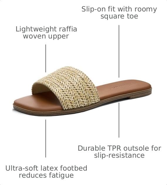 Image of Athlefit Flat Sandals Women Dressy Square Toe Raffia Summer Slide Sandals