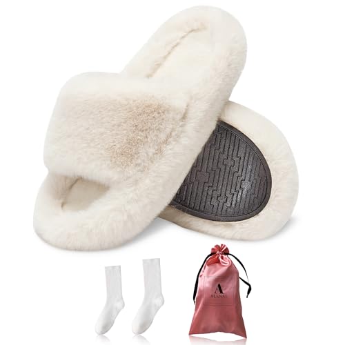 ALENAS Home Slippers for Women, Fuzzy Plush Faux Fur Lined Flip Flops, Fashion Gift Slippers with Anti-Slip Sole