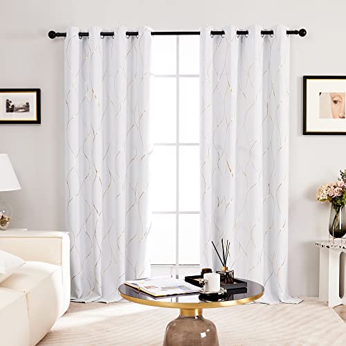 Deconovo White Blackout Curtains 84 Inches Long - Gold Wave Foil Print Grommet Drapes, Room Darkening Curtain, Window Panels For Living Room (52W X 84L Inch, Set Of 2, Greyish White) #TOP1