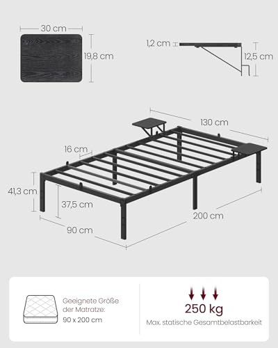 VASAGLE Doppelbettgestell, Bettrahmen, Bettgestell aus Metall, mit Aufbewahrungsregalen, Gästebett, passend für 90 x 200 cm Matratze, einfache Montage, tintenschwarz RMB092B01