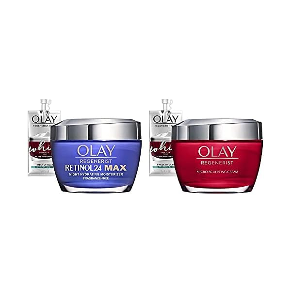 Olay Regenerist Retinol 24 Max Moisturizer, Retinol 24 Max Night Face Cream + Olay Regenerist Micro-Sculpting Cream Face Moisturizer + Whip Face Moisturizer Travel/Trial Size Gift Set
