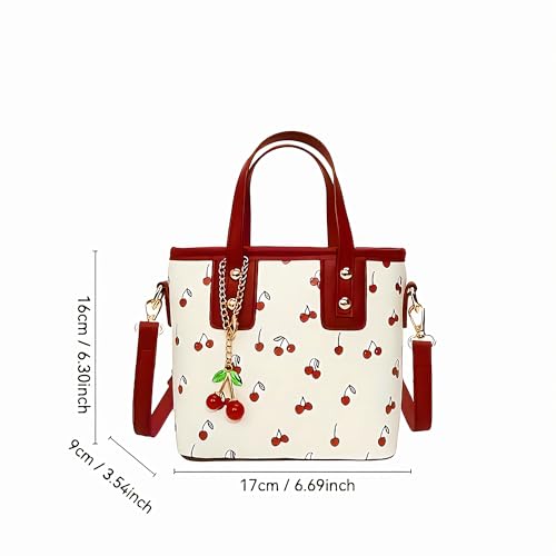Cherry Leather Tote Bag – Cute Y2K Shoulder Purse for Women, Red Designer Handbag with Top Handle, Fruit Print Clutch Satchel4