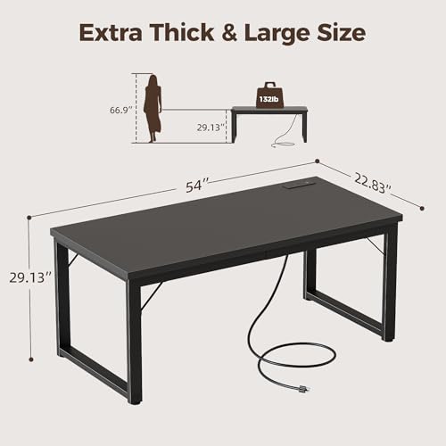Image of 54 Inch Computer Desk with Power Outlets, 1.2 inch Thick Office Table | Modern Simple Style, Heavy Duty Industrial Frame, Study & Writing Table for Home Bedroom Work, Black