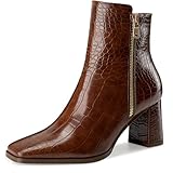Oh Mispares Women's Chunky Heel Ankle Booties Square Toe Short Block Boots Heeled Shoes Side Zipper Comfortable Closed Toe Heels for Ladies Girls 3 Inches Brown Crocodile Print