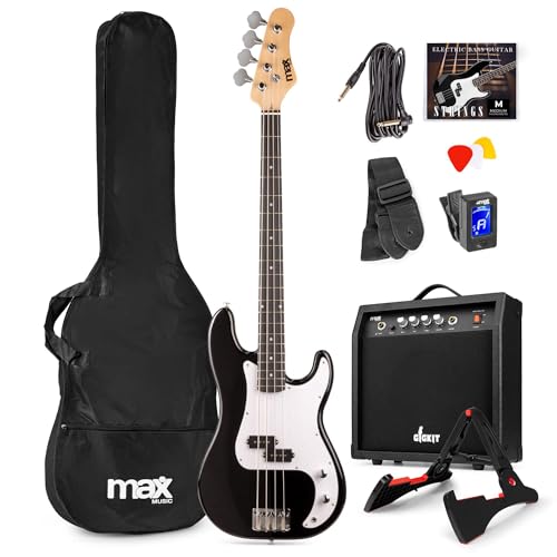 Max Gigkit Basse Electrique, Kit Complet Ampli 40 Watts, Housse, Stand, Cordes de Rechange, Accordeur, Sangle, Câble Jack et Médiators, Idéal pour Musicien...