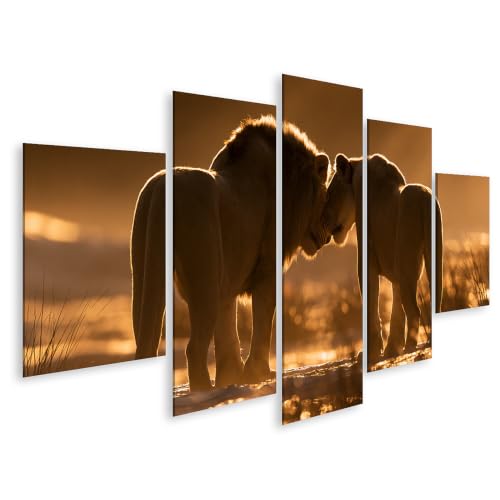 Tableau sur toile lion de 5 pièces pour décoration de salon majestueux