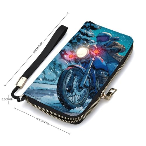 Motorcycle Motorcyclist Riding in Snowy Women's Leather Clutch Wallet with Zip Card Holder Hand Strap Large Capacity2